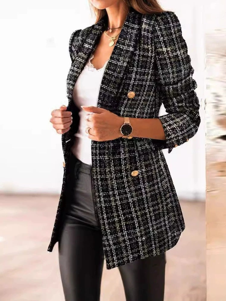 Damen Eleganter Tweed-Blazer mit doppelter Knopfreihe und strukturierter Textur R&B