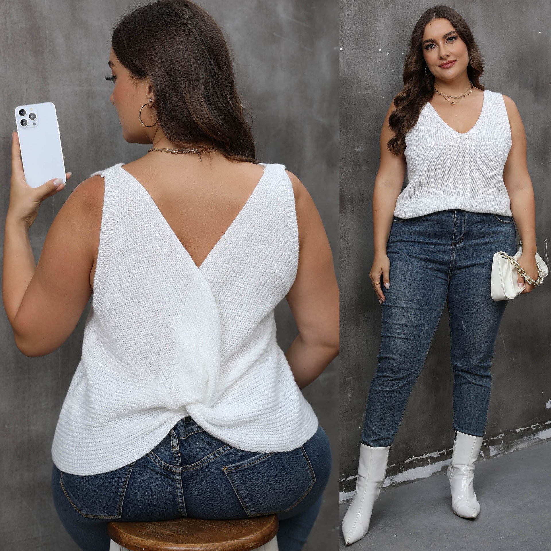 Damen luftiges Stricktop mit V-Ausschnitt R&B