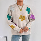 Damen Strickpullover mit glitzernden Blütenapplikationen R&B