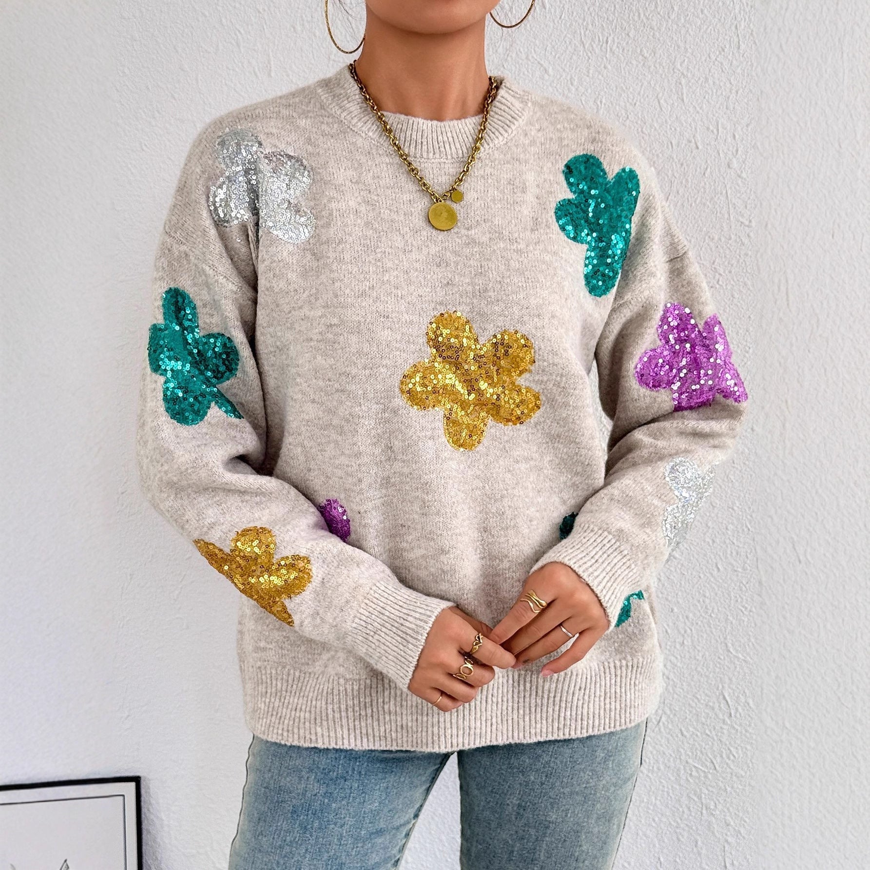 Damen Strickpullover mit glitzernden Blütenapplikationen R&B