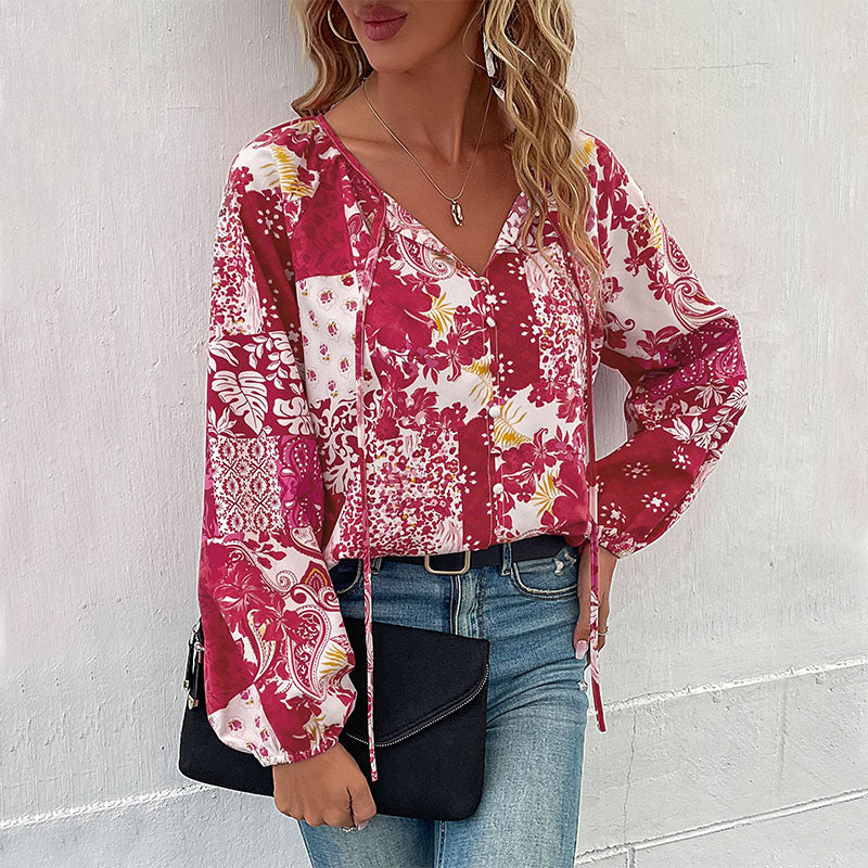 Damen Bluse mit floralem Design und modischer Knotenoptik R&B