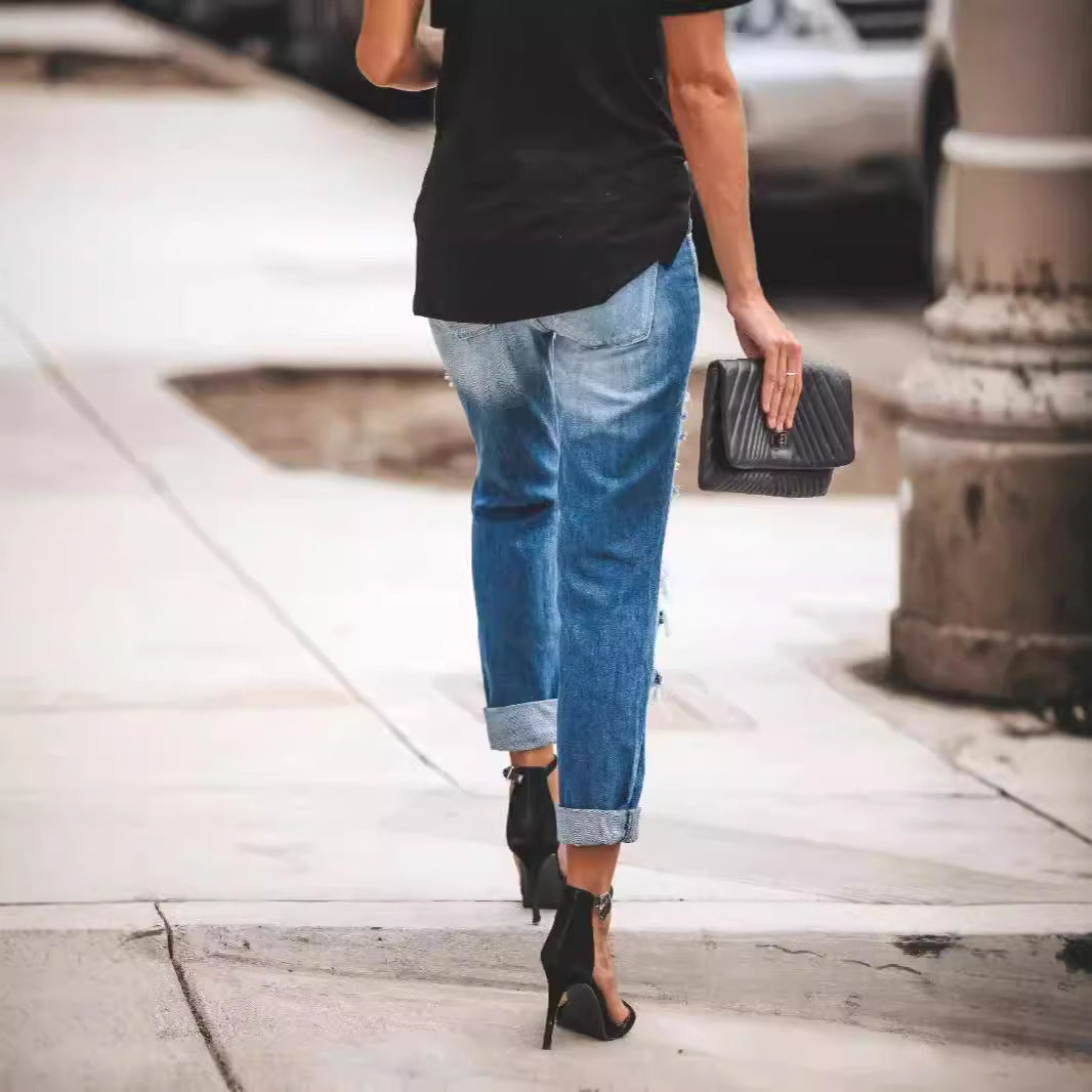 Damen Ripped Boyfriend Jeans mit lässigem Schnitt und fransigen Elementen R&B