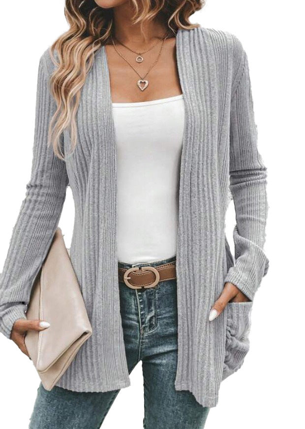 Damen modische Strickjacke mit offenen Front und praktischen Taschen R&B