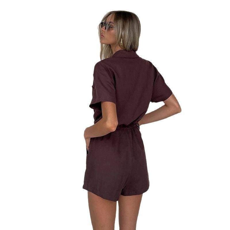 Damen lässiger Kurzarm-Jumpsuit mit Taillierung R&B