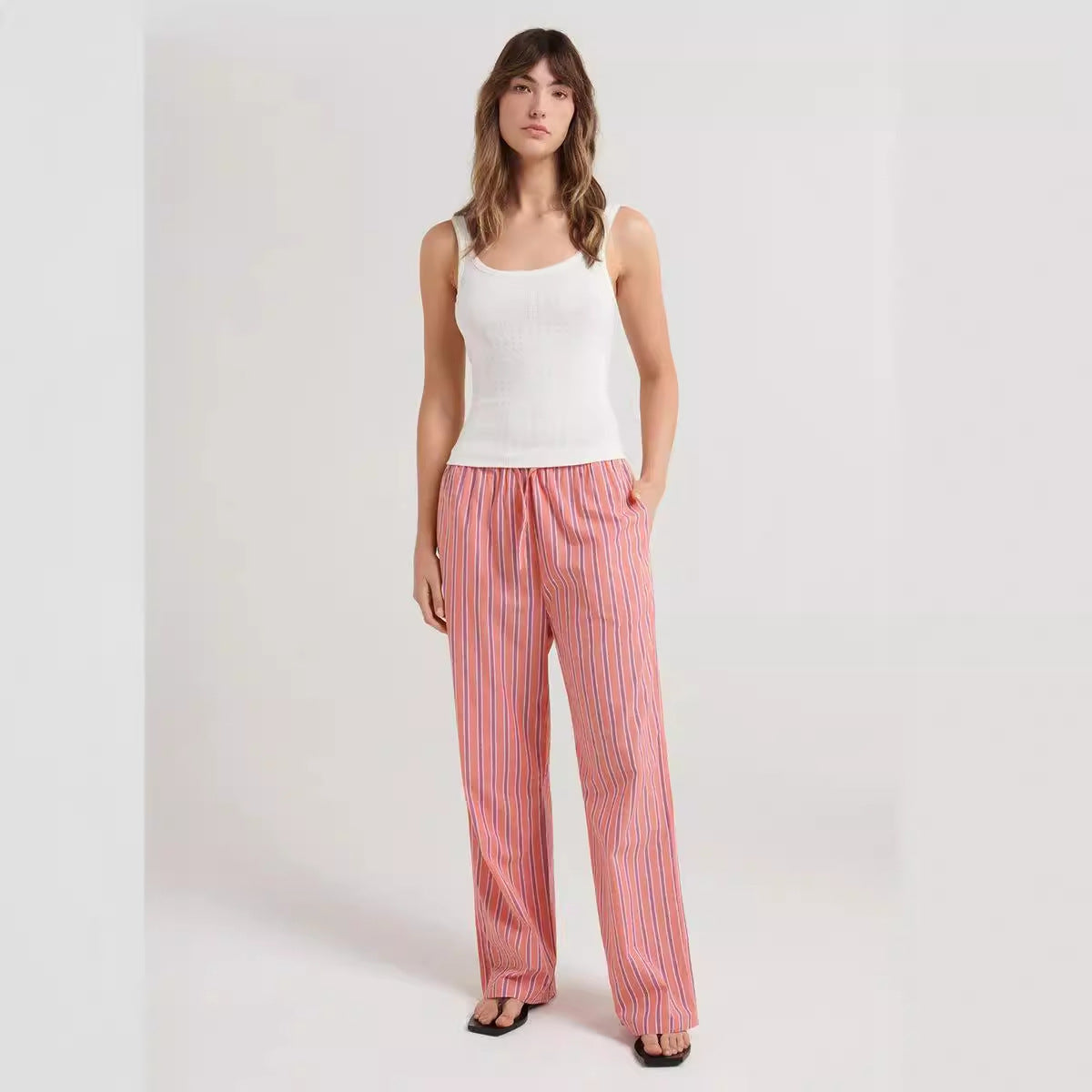 Damen lässige bequeme Schlafhose aus leichtem Baumwollstoff mit eleganten Streifen R&B