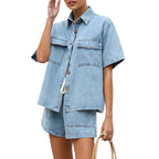 Damen lässige Kurzarm-Jeansbluse mit passender Shorts R&B