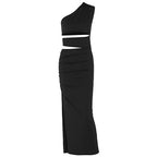 Damen asymmetrisches Maxikleid mit Rüschen und hohem Seitenschlitz R&B