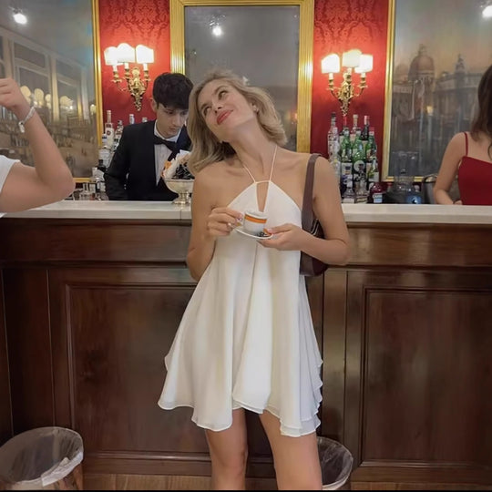 Damen luftiges Chiffonkleid mit tiefem V-Ausschnitt und verstellbaren Trägern R&B
