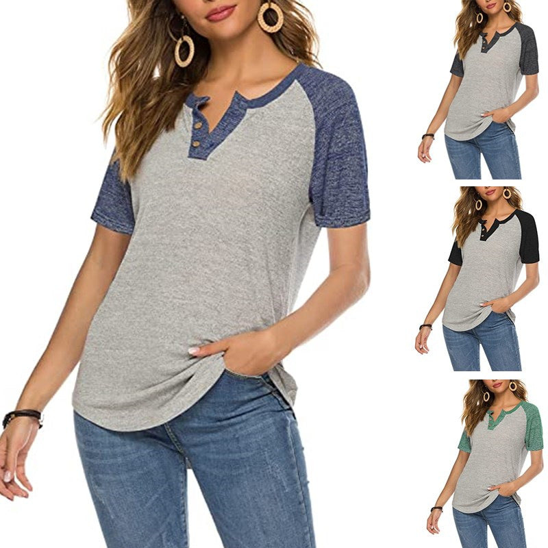 Damen lässiges Kurzarm-Henley-Shirt mit Knopfleiste R&B
