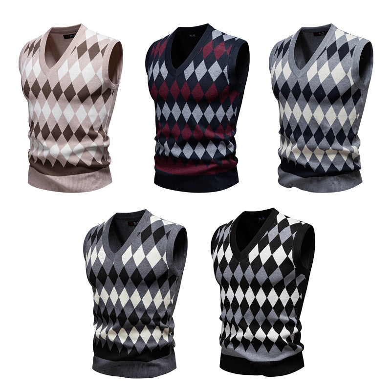 Herren ärmellose Strickweste mit Rauten-Muster R&B