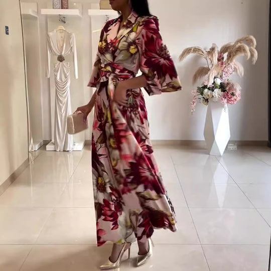 Damen Maxikleid mit eleganter Blütenoptik und großzügigen Ärmeln Heidi-Mode