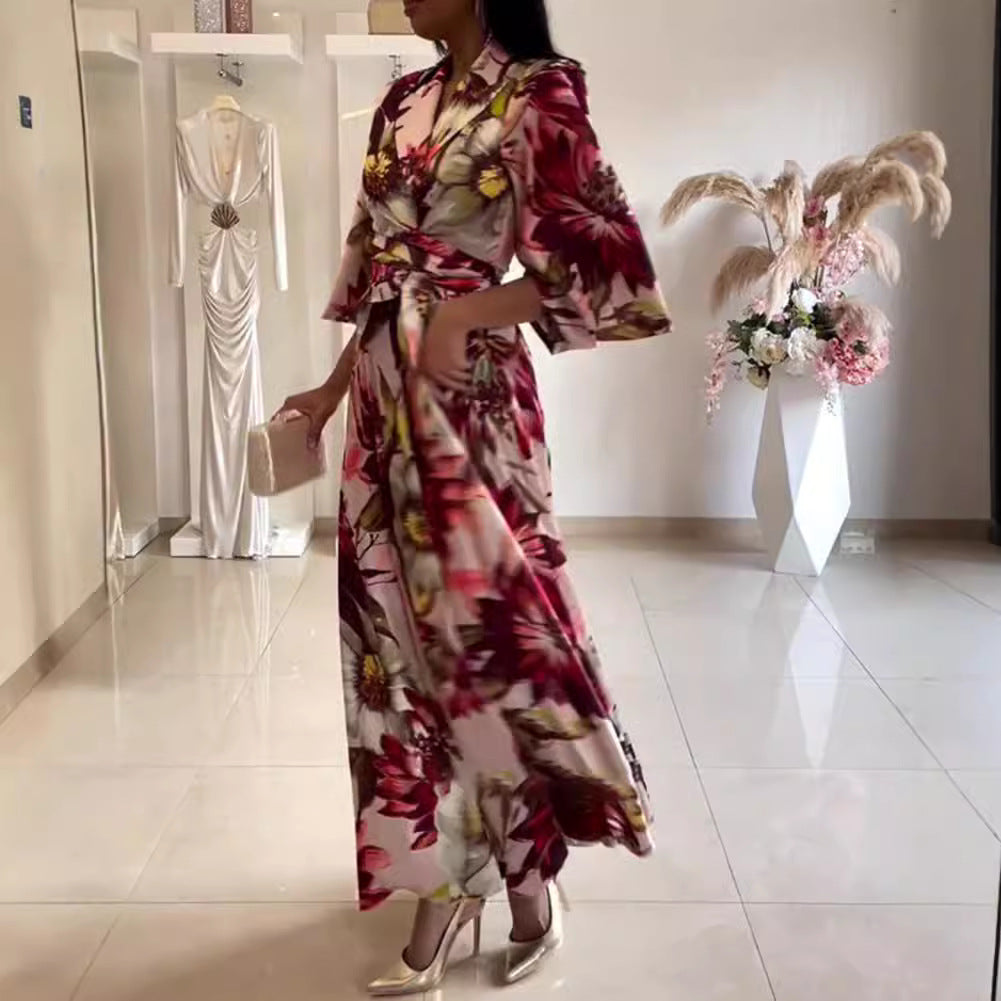 Damen nan Maxikleid mit Reverskragen, Kimonoärmeln und taillierendem Bindegürtel R&B