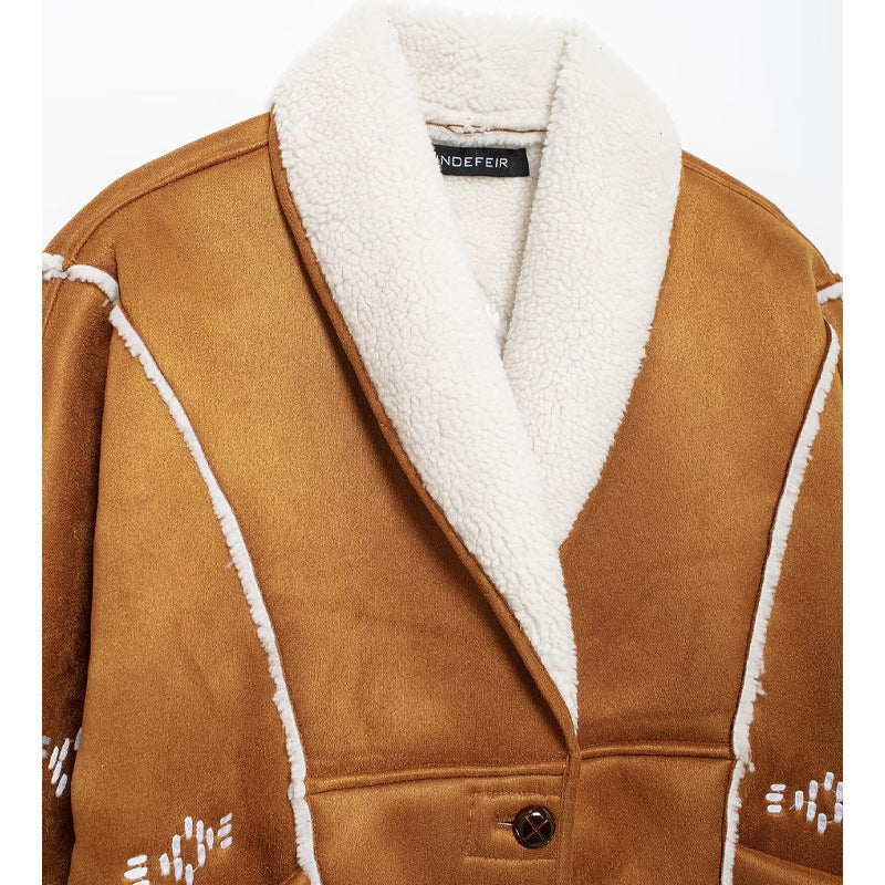 Damen modische Jacke mit gestickt und eleganter Teddykragen R&B
