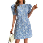 Damen nan florales Jacquard-Minikleid mit gestuften Puffärmeln R&B