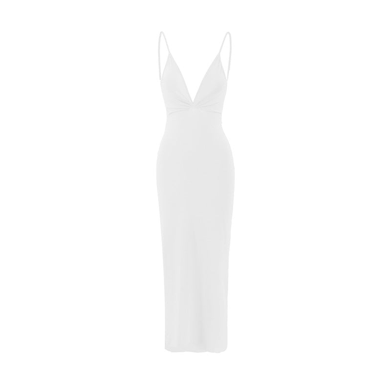 Damen elegantes Maxikleid mit tiefem V-Ausschnitt und zarten Spaghetti-Trägern R&B