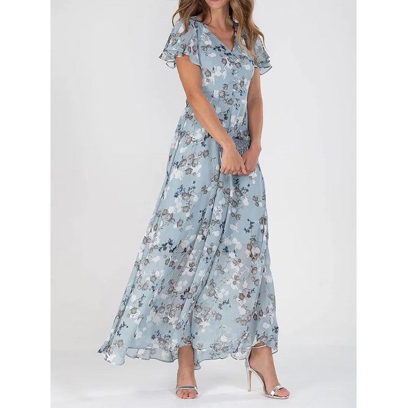 Damen Maxikleid mit floralem Chiffon-Stoff und transparenten Ärmeln R&B