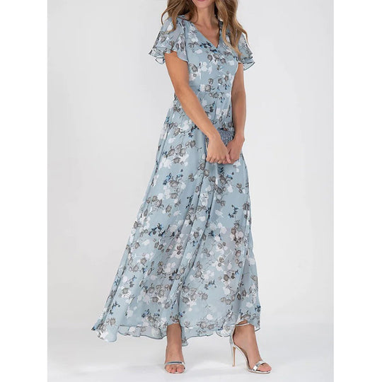 Damen Maxikleid mit floralem Chiffon-Stoff und transparenten Ärmeln R&B