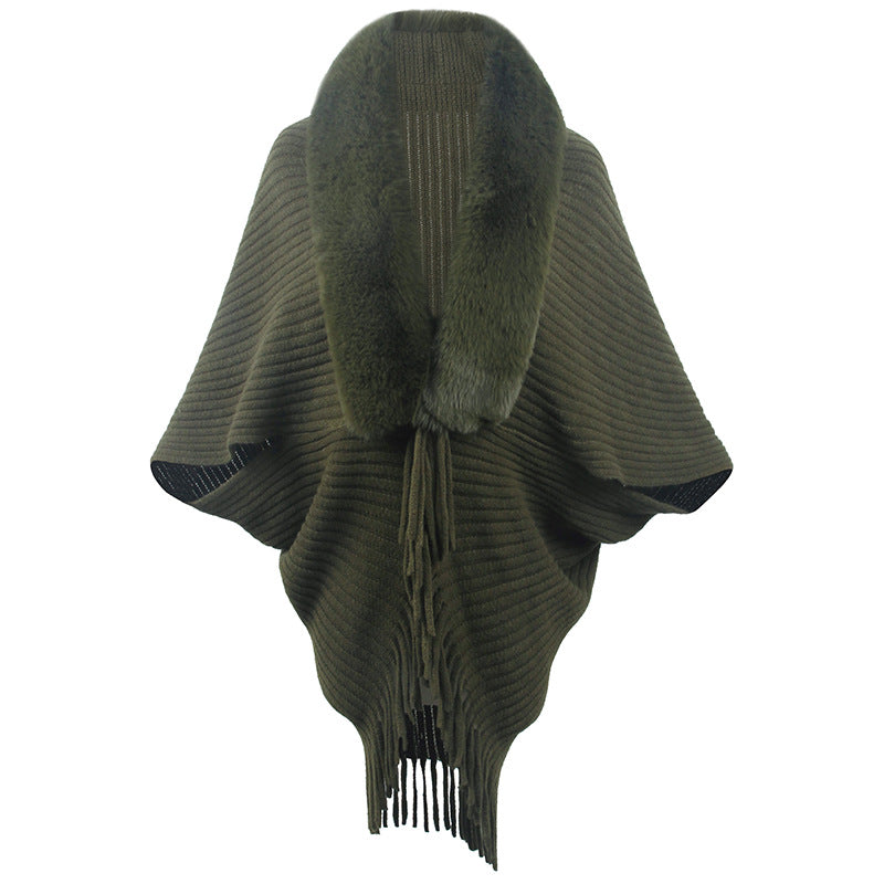 Damen luxuriöser Strickponcho mit elegantem Kunstfellkragen und Fransen R&B