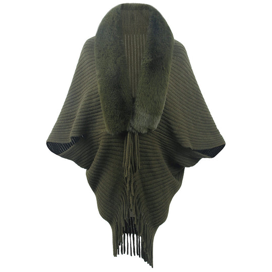 Damen luxuriöser Strickponcho mit elegantem Kunstfellkragen und Fransen R&B