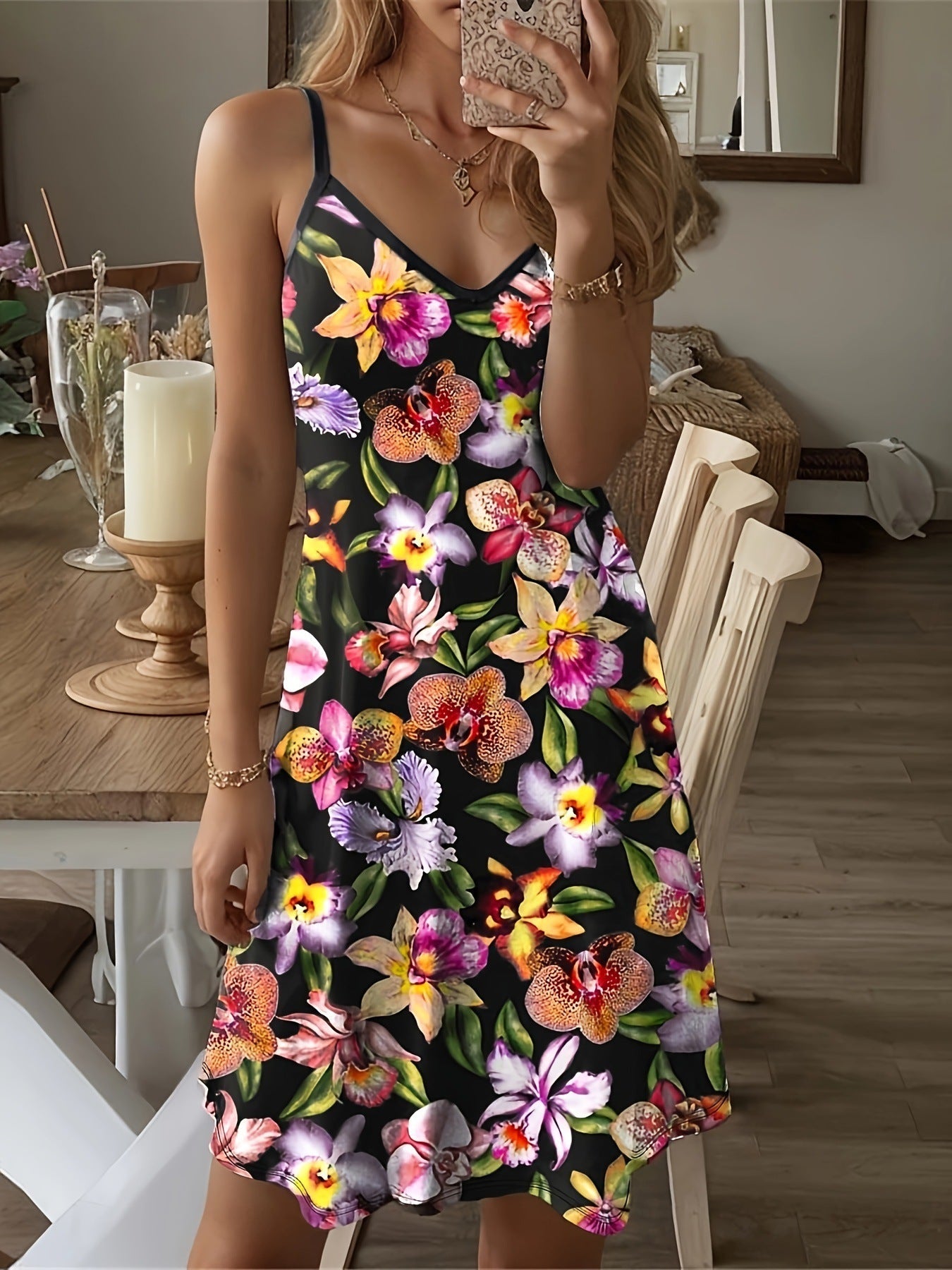 Damen Spaghettiträger Kleid mit elegantem floralem Design R&B