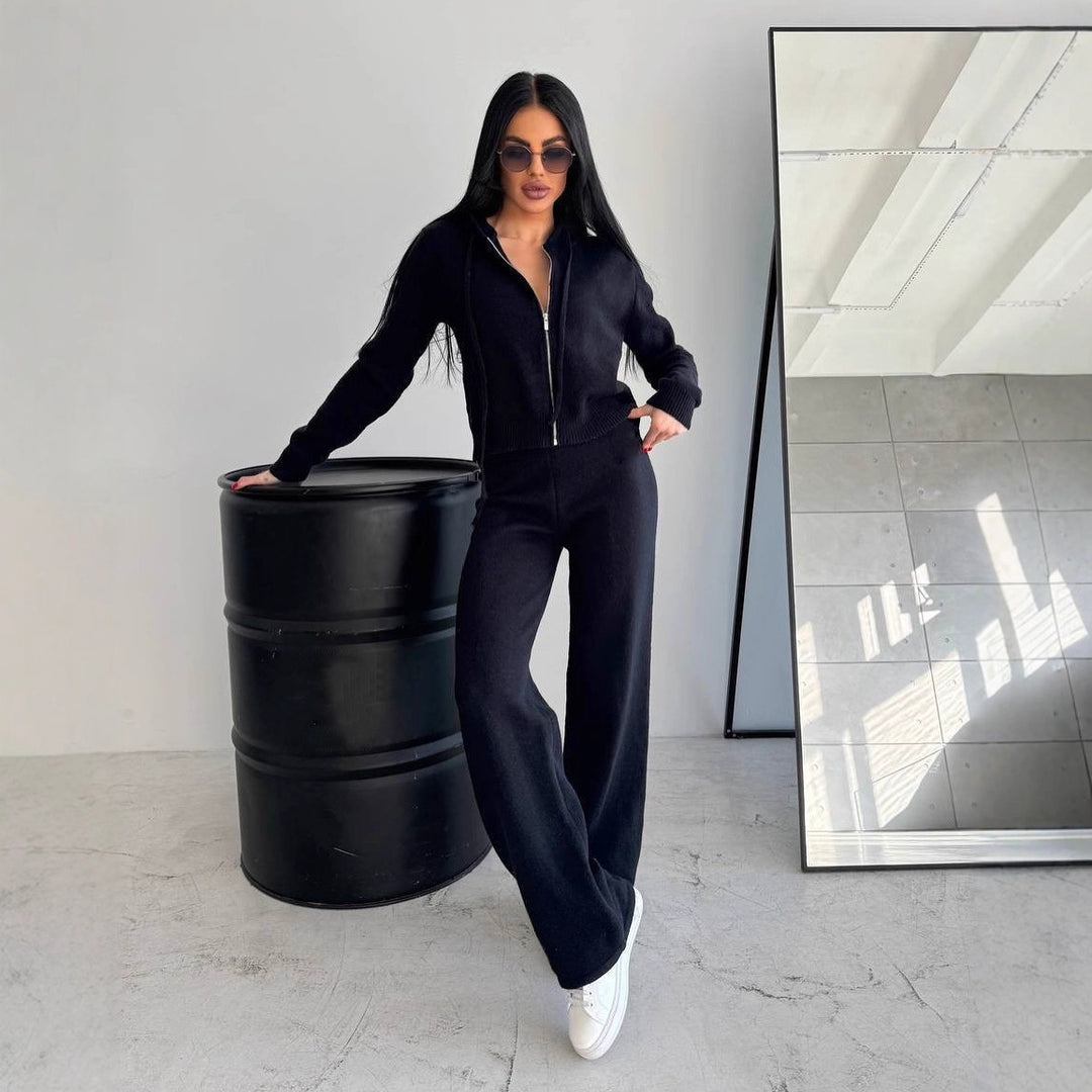 Damen Strickoverall mit modischem Reißverschluss und Kapuze R&B