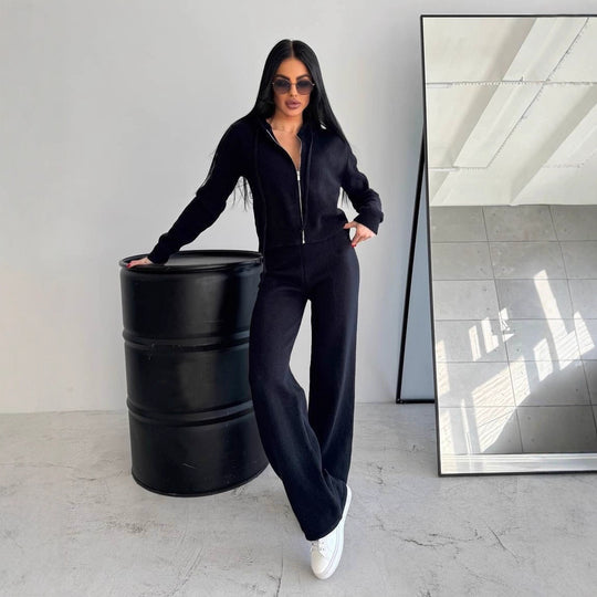 Damen Strickoverall mit modischem Reißverschluss und Kapuze R&B