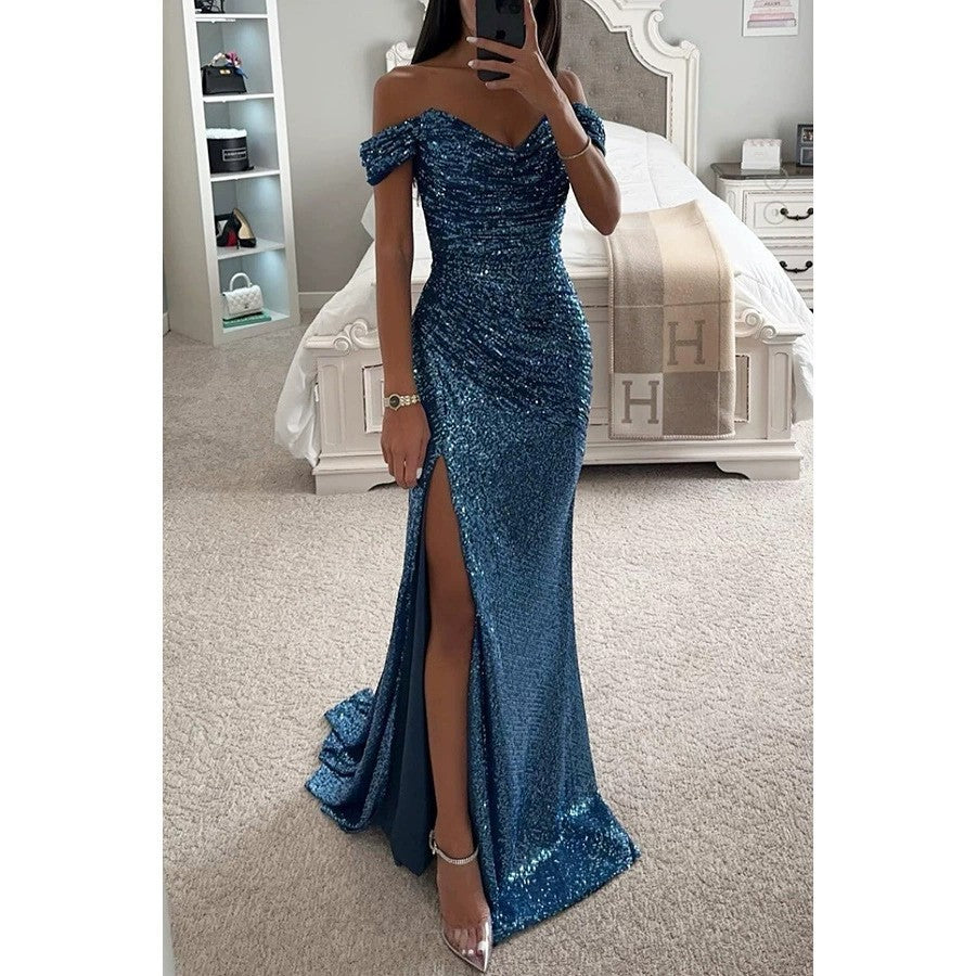 Damen Glitzerndes Off-Shoulder Abendkleid mit seitlichem Schlitz R&B