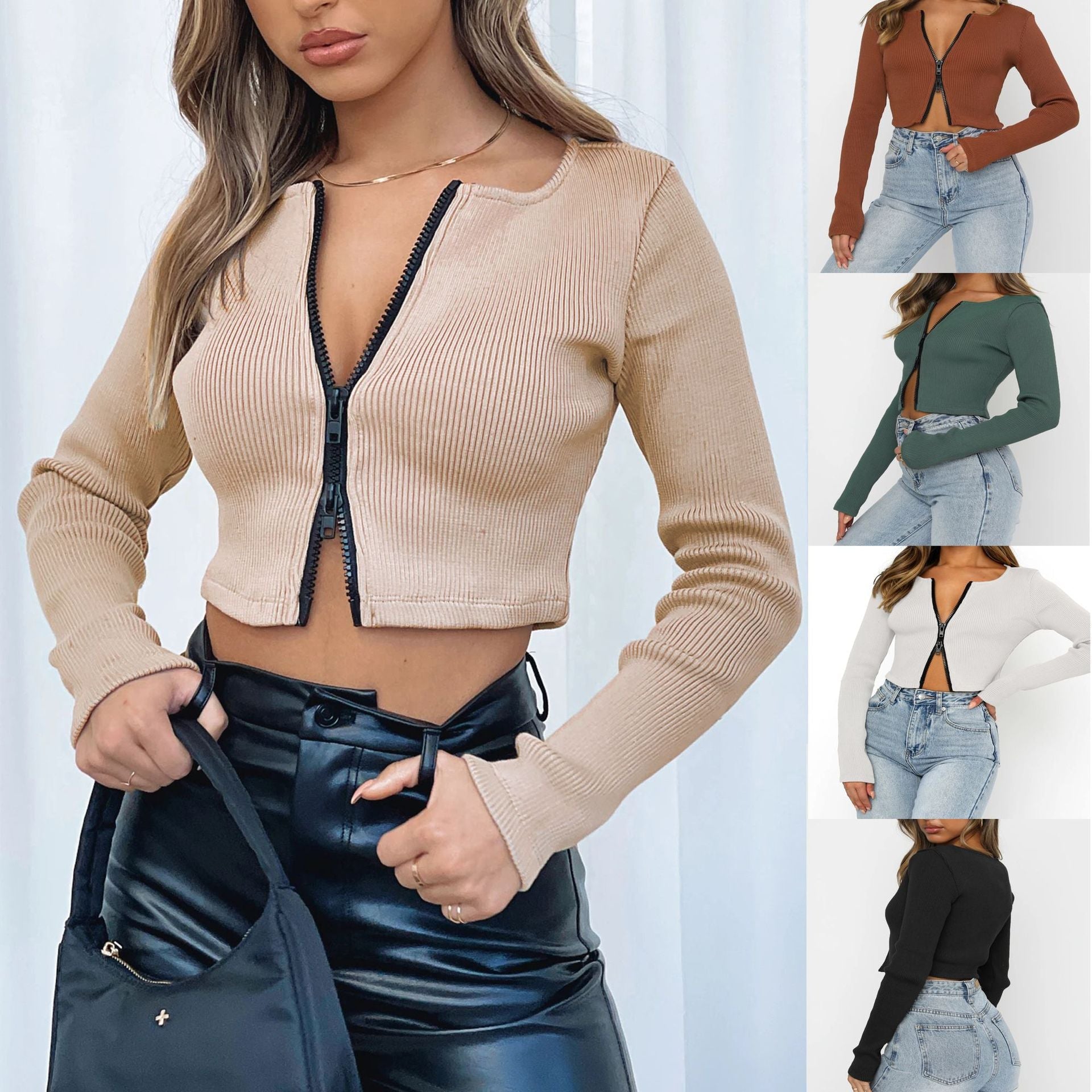 Damen modische Cropped Jacke mit Reißverschluss R&B