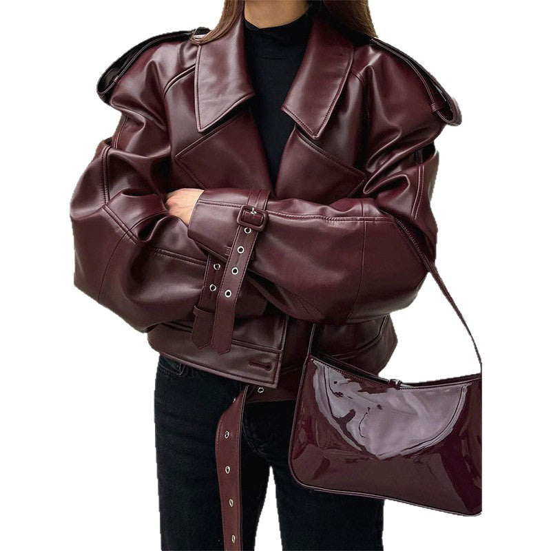 Damen modische Kunstlederjacke mit voluminösen Ärmeln R&B