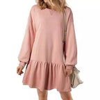 Damen lässiges Sweatkleid mit voluminösen Ärmeln und Rüschensaum R&B