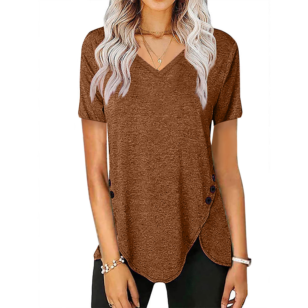 Damen lässiges V-Ausschnitt T-Shirt mit asymmetrischem Saum und dekorativen Knopfdetails R&B