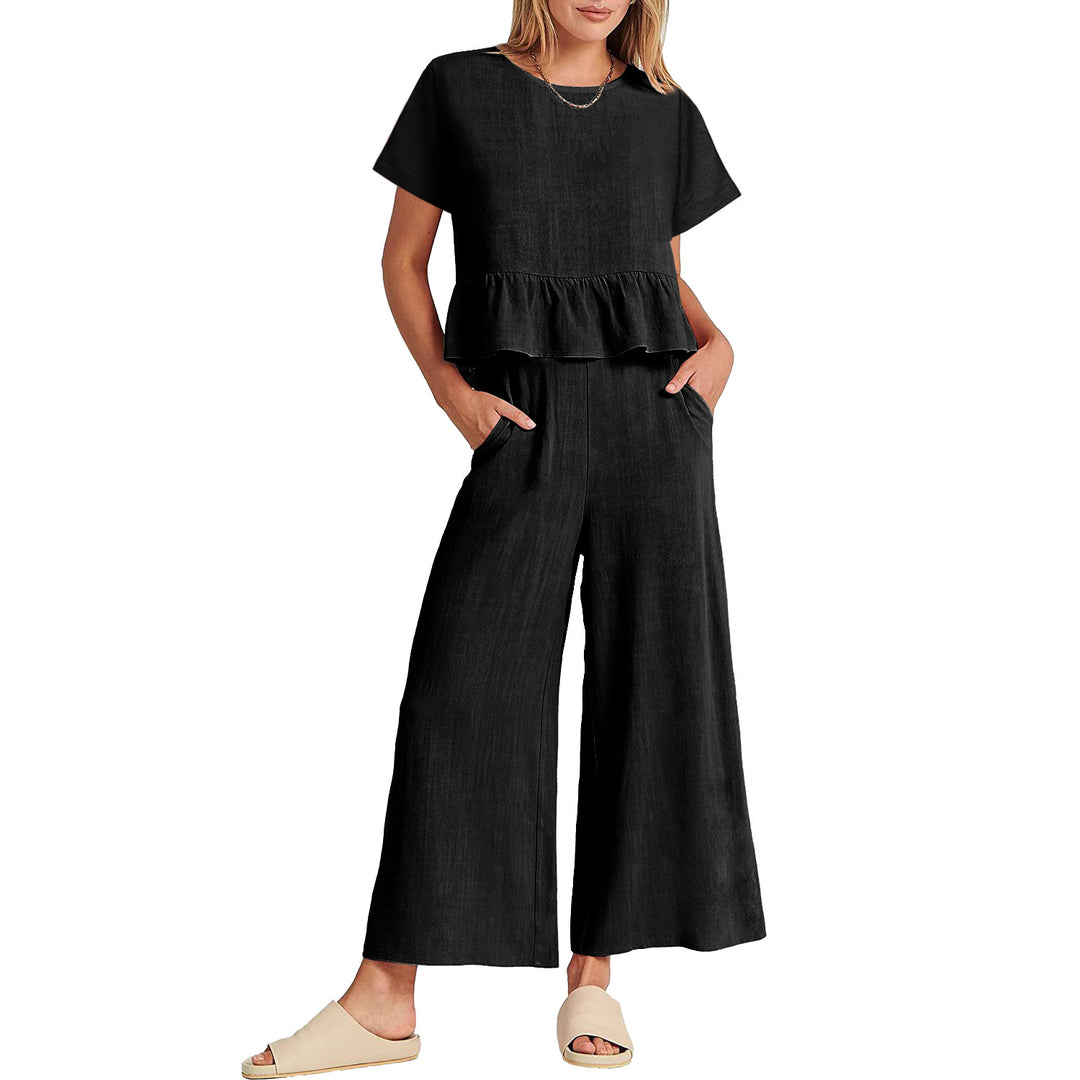 Damen Zweiteiliges Outfit mit fließendem Oberteil und weitem Hosen-Design R&B