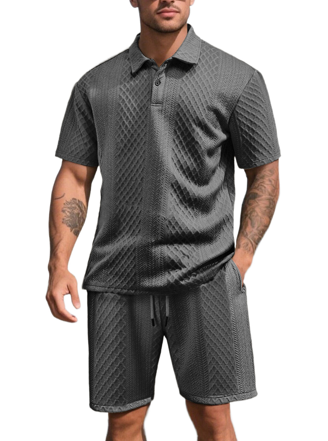 Herren nan dreidimensionales Relief-Freizeit-Set mit Polokragen, verdeckter Knopfleiste und elastischer Tunnelzugshorts R&B