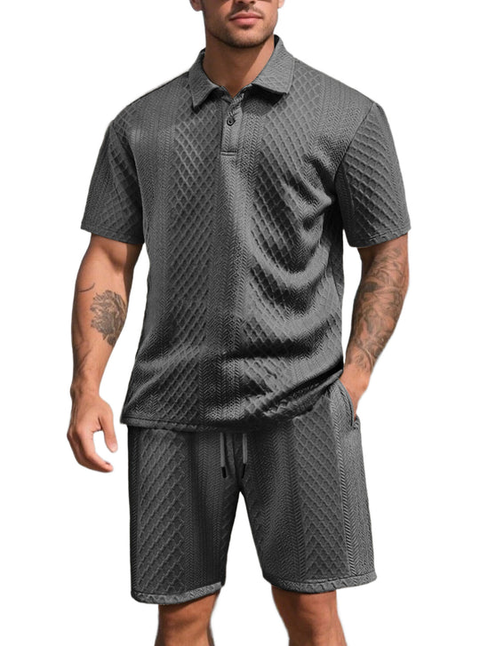 Herren nan dreidimensionales Relief-Freizeit-Set mit Polokragen, verdeckter Knopfleiste und elastischer Tunnelzugshorts R&B