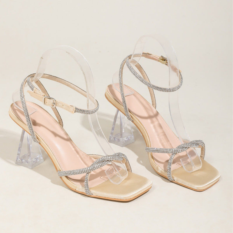 Damen modische Freizeit-Sandalen mit transparentem Blockabsatz und funkelnden Zierleisten R&B