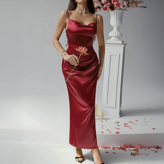 Damen Elegantes Satin-Maxi-Kleid mit verführerischen Spaghettiträgern und femininer Silhouette R&B