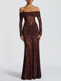 Damen Elegantes Spitzen-Maxikleid mit elegantem Off-Shoulder Design und Raffungen R&B