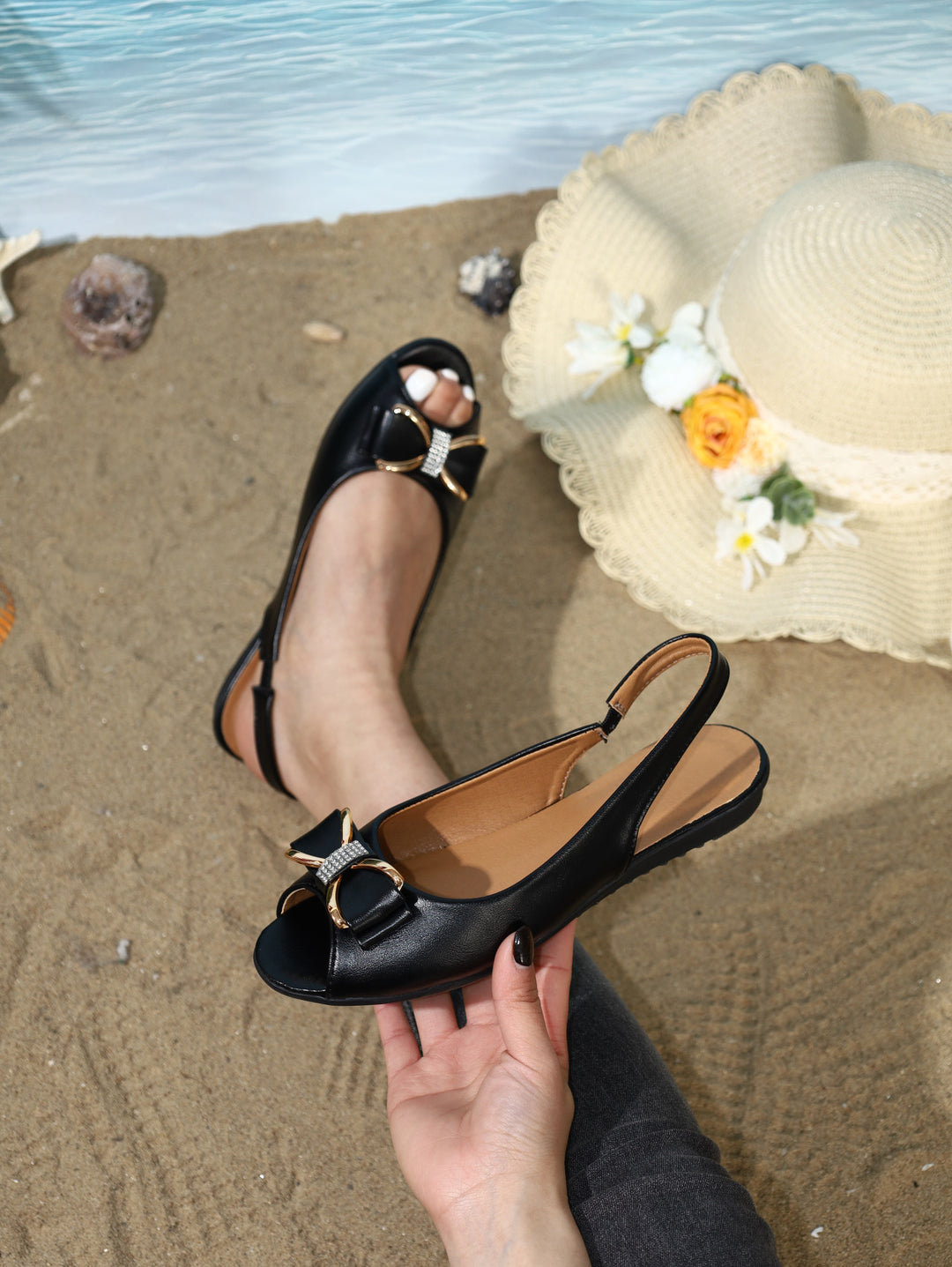 Damen offene Slingback-Sandalen mit funkelnder Schleifenapplikation R&B