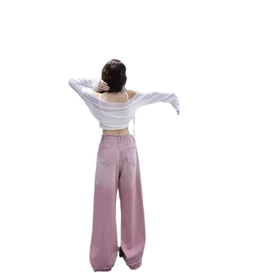 Damen lockere High-Waist Jeans mit fransigem Saum und modischen Schriftzügen R&B