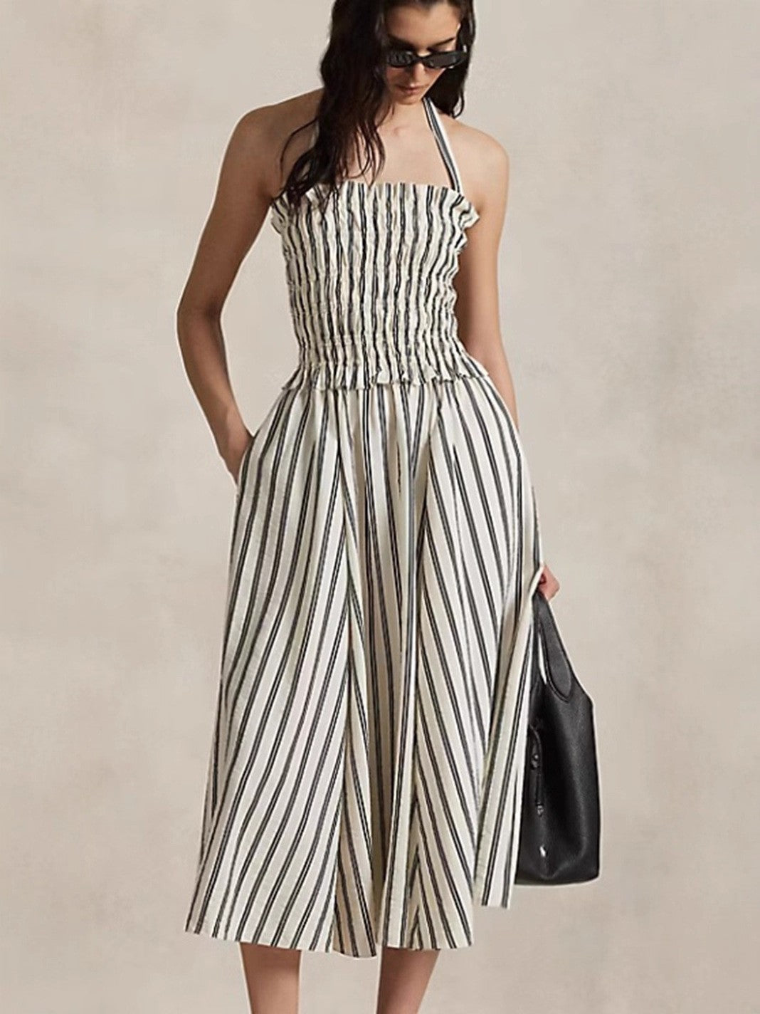 Damen nan Midikleid mit Smokoberteil, verstellbarem Halterband, weitem A-Linien-Rock und Eingrifftaschen R&B