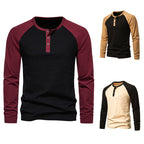 Herren Langarm-Henley-Shirt mit kontrastierenden Ärmel und modischem Knopfdesign