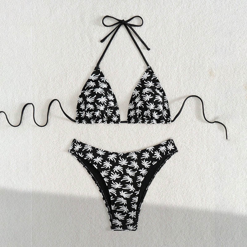 Damen Triangel-Bikini mit fröhlichem Palmenmuster und hohem Beinausschnitt R&B