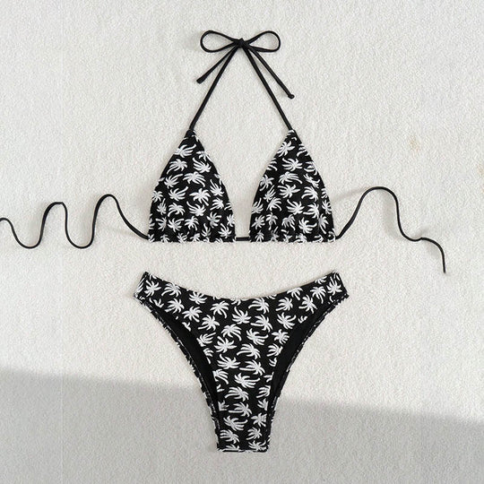 Damen Triangel-Bikini mit fröhlichem Palmenmuster und hohem Beinausschnitt R&B