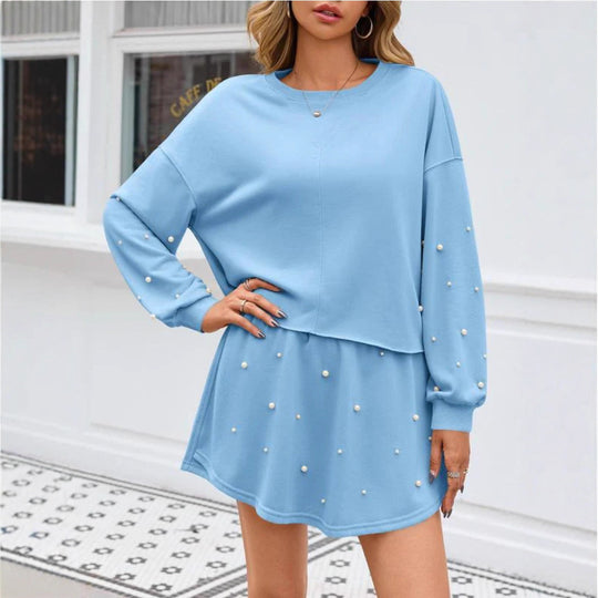 Damen nan perlenbesetztes Sweat-Set mit überschnittenem Pullover und ausgestelltem Minirock R&B