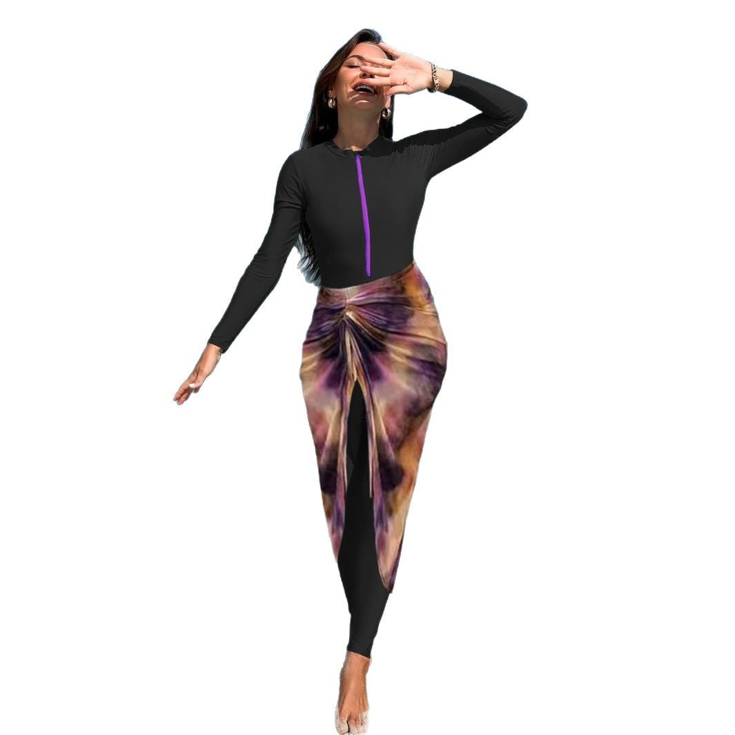 Damen modischer Langarm-Badeanzug mit elegantem Wickelrock R&B