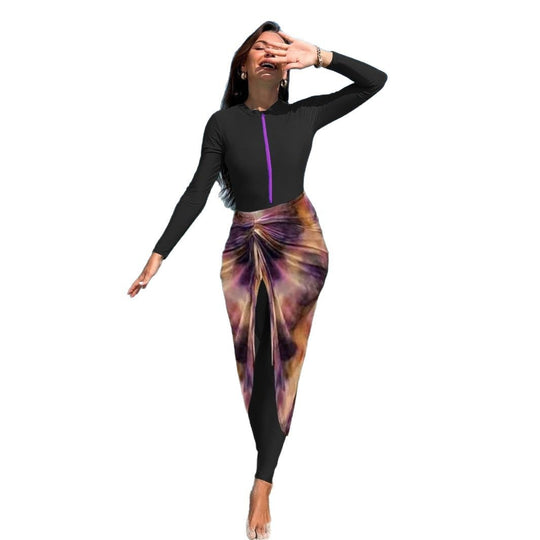 Damen modischer Langarm-Badeanzug mit elegantem Wickelrock R&B