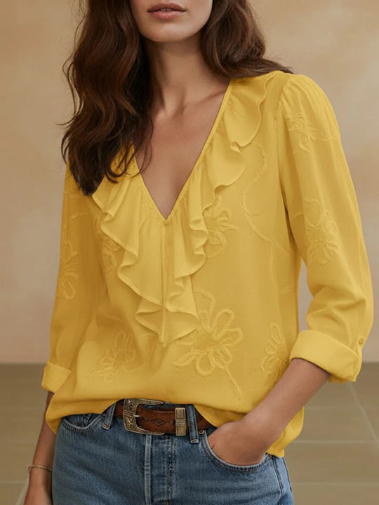 Damen elegante Bluse mit Volant und floralem Stickmuster R&B