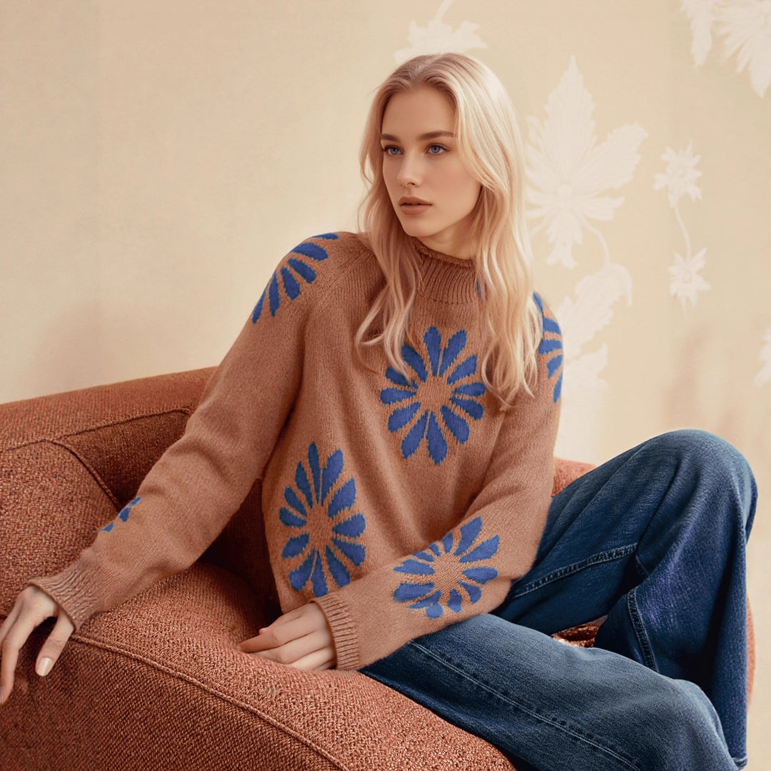 Damen farbenfroher Strickpullover mit floralem Muster R&B