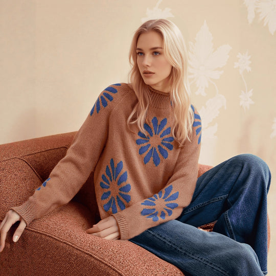 Damen farbenfroher Strickpullover mit floralem Muster R&B
