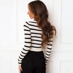 Damen Cropped Langarmshirt mit gestreiftem Muster und weichem Rippdesign R&B